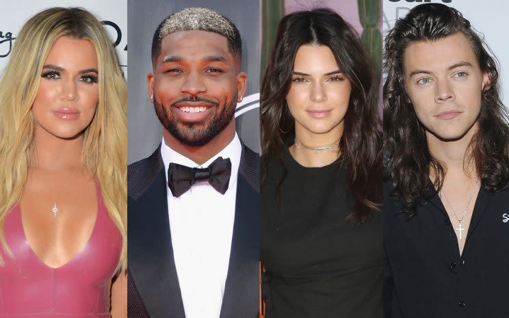 Love is in the air for Khloé Kardashian, Tristan Thompson, Kendall Jenner, and Harry Styles. (Photos: Getty Images)