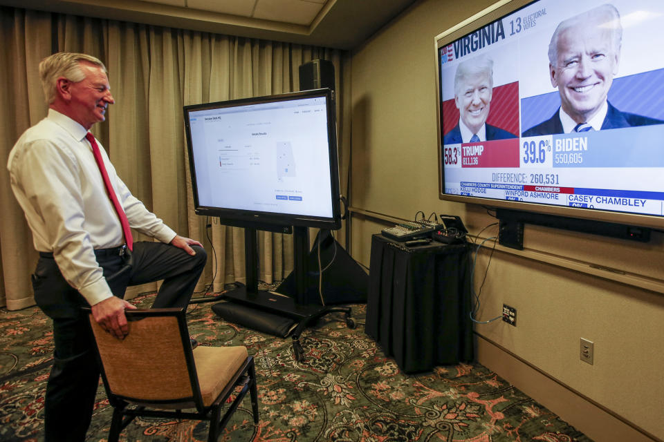 Republican Senate candidate Tommy Tuberville watches the results come in as he waits at his watch party at the Renaissance Hotel on Tuesday, Nov. 3, 2020, in Montgomery, Ala. (AP Photo/Butch Dill)