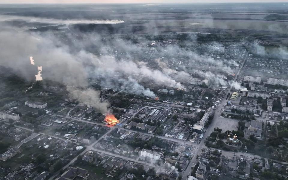 Smoke rises on Friday over Vovchansk, in the Kharkiv region, after Russian bombardment