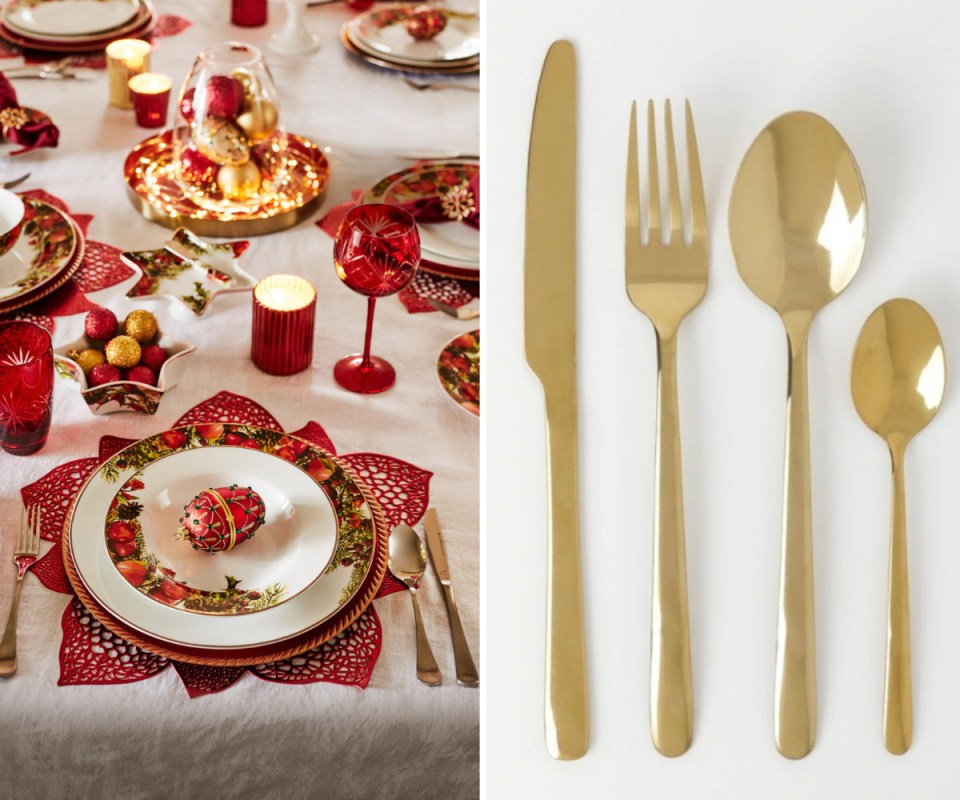 On the left, a red festive themed Christmas table with gold utensils on the right against a white background.