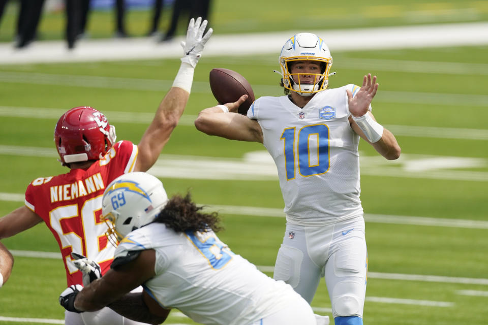 Los Angeles Chargers quarterback Justin Herbert (10) throws against the Kansas City Chiefs during the first half of an NFL football game Sunday, Sept. 20, 2020, in Inglewood, Calif. (AP Photo/Ashley Landis)