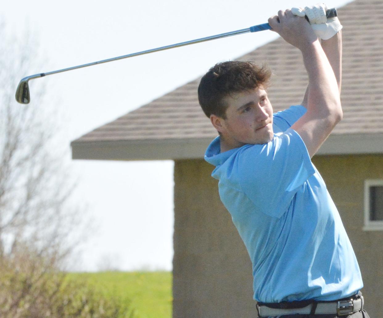 Sam Hansen of Great Plains Lutheran hits a tee shot on No. 5 Yellow during the Pre-Region 1B/Eastern Coteau Conference golf tournament at Cattail Crossing Golf Course. Hansen won boys division medalist honors in both tourneys with a 2-under par 70.