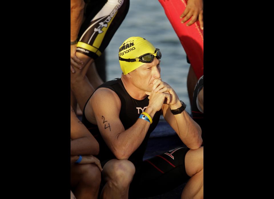 Lance Armstrong waits for the start of the Ironman Panama 70.3. triathlon in Panama City, Panama. 