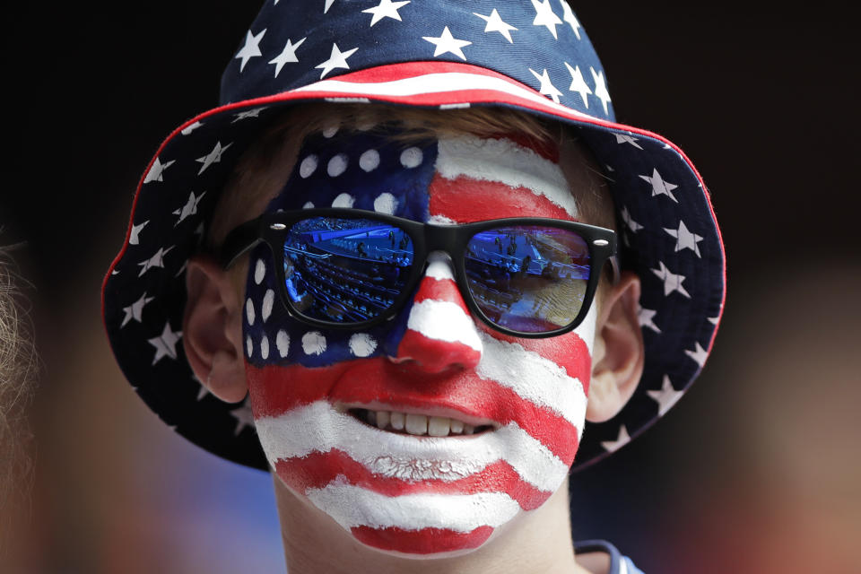 Austin Chambers, from Philadelphia, waits on the stand for the start of the Women's World Cup Group F soccer match between United States and Chile at Parc des Princes in Paris, France, Sunday, June 16, 2019. (AP Photo/Alessandra Tarantino)