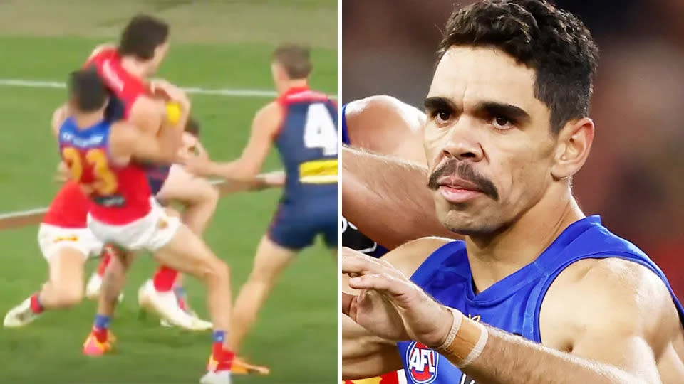 Charlie Cameron escaped suspension for his tackle on Jake Lever on character grounds. Image: Fox Footy/Getty
