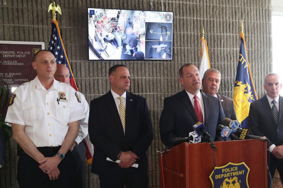 Yonkers Police Commissioner John Mueller gives some more information regarding the shooting of a Yonkers detective yesterday along with a video, during a press conference at Yonkers Police Headquarters April 21, 2022. 