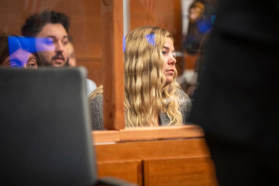 Madison Sparks, 24, watches as her former teacher and coach Benjamin Rutan, 42, of Grove City, admits in a plea deal to sexually abusing her beginning when she was 13 years old in 2013.