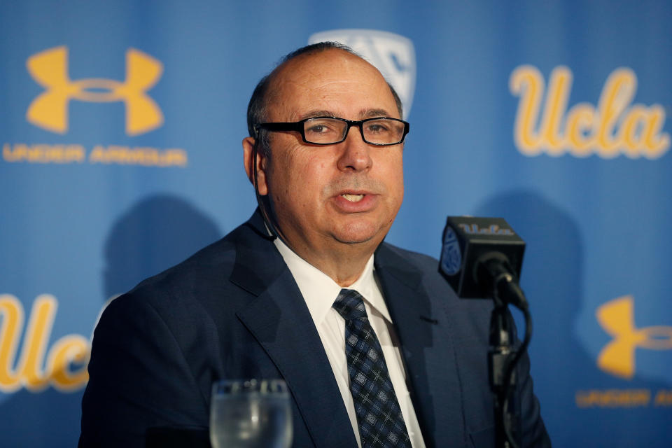 WESTWOOD, CA - NOVEMBER 27:  UCLA Director of Athletics Dan Guerrero speaks to the media after introducing Chip Kelly as the new head Football coach during a press conference on November 27, 2017 in Westwood, California.  (Photo by Josh Lefkowitz/Getty Images)