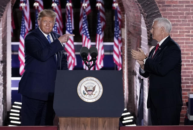 BALTIMORE, MARYLAND - AUGUST 26:  President Donald Trump attends Mike Pence’s acceptance speech for the vice presidential nomination during the Republican National Convention at Fort McHenry National Monument on August 26, 2020 in Baltimore, Maryland. The convention is being held virtually due to the coronavirus pandemic but includes speeches from various locations including Charlotte, North Carolina, Washington, DC, and Baltimore, Maryland.  (Photo by Drew Angerer/Getty Images)
