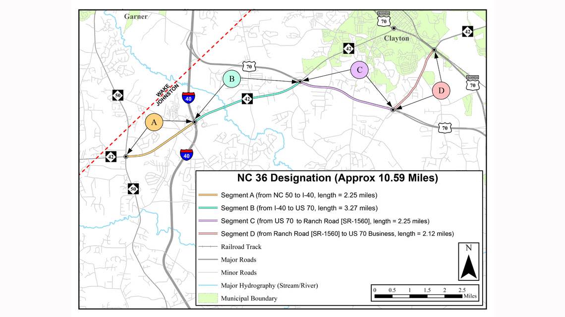 As it eliminates a section of N.C. 42 in Johnston County, the N.C. Department of Transportation proposes replacing it with a new N.C. 36. Shown here, N.C. 36 would run from N.C. 50 in the west through the Cleveland community to the Clayton Bypass, then on to Ranch Road before connecting back up with N.C. 42 on the southeast side of Clayton.