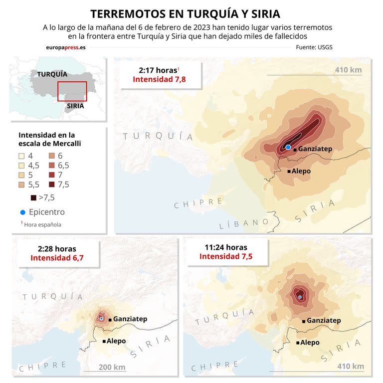 06/02/2023 Infografía que muestra la intensidad y extensión de los terremotos sucedidos el 6 de febrero de 2023 en el sur de Turquía y la frontera con Siria. SOCIEDAD Europa Press