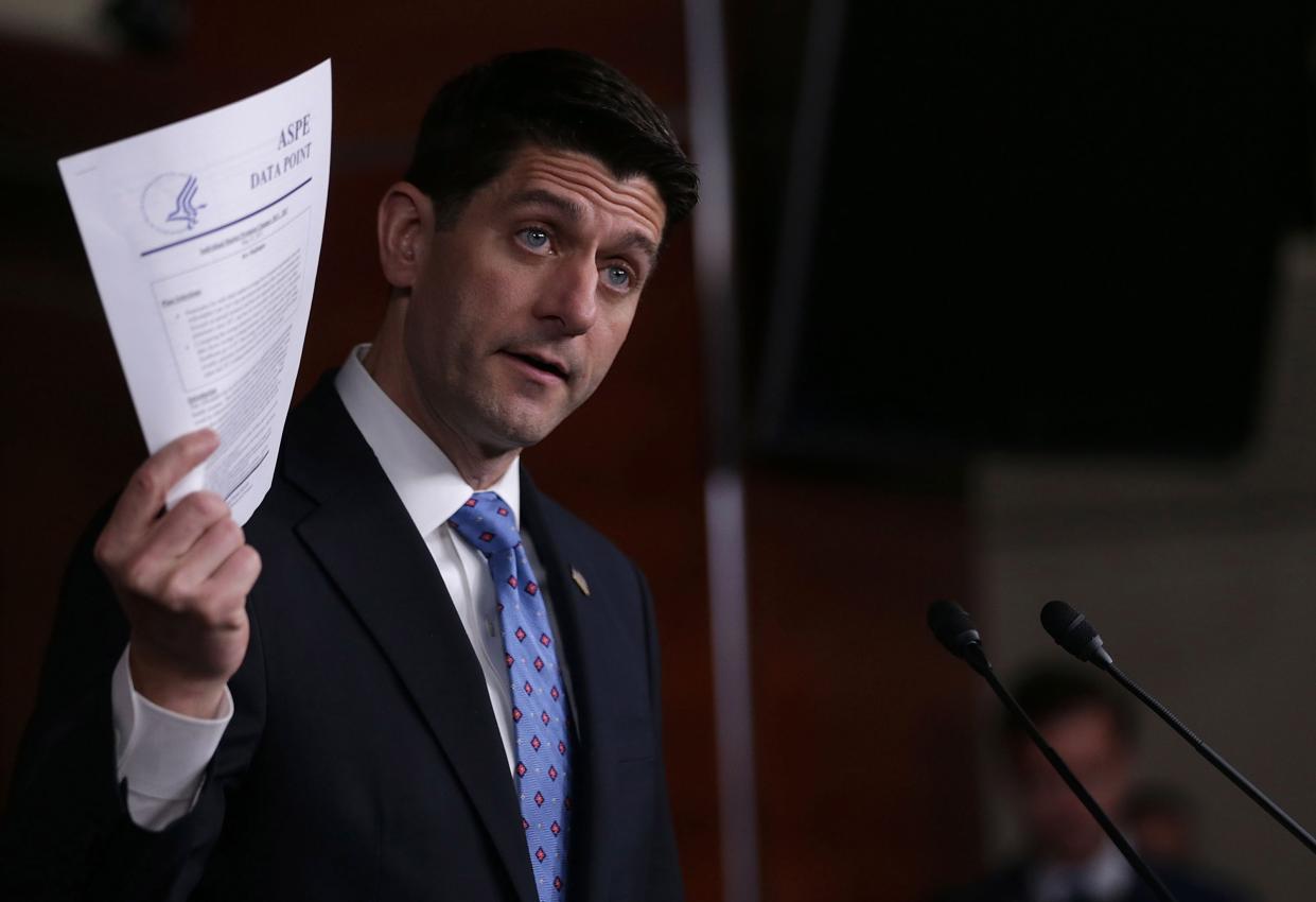 Speaker Paul Ryan, holding a Health and Human Services report, managed to get the AHCA through the House. The bill is now being rewritten by the Senate. Source: Getty Images