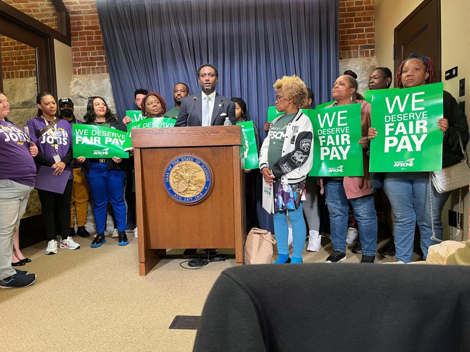 Rep. Maurice West, D-Rockford, speaks at a press conference regarding wages for Direct Service Professionals at the Illinois State Capitol on May 8, 2024, in Springfield.