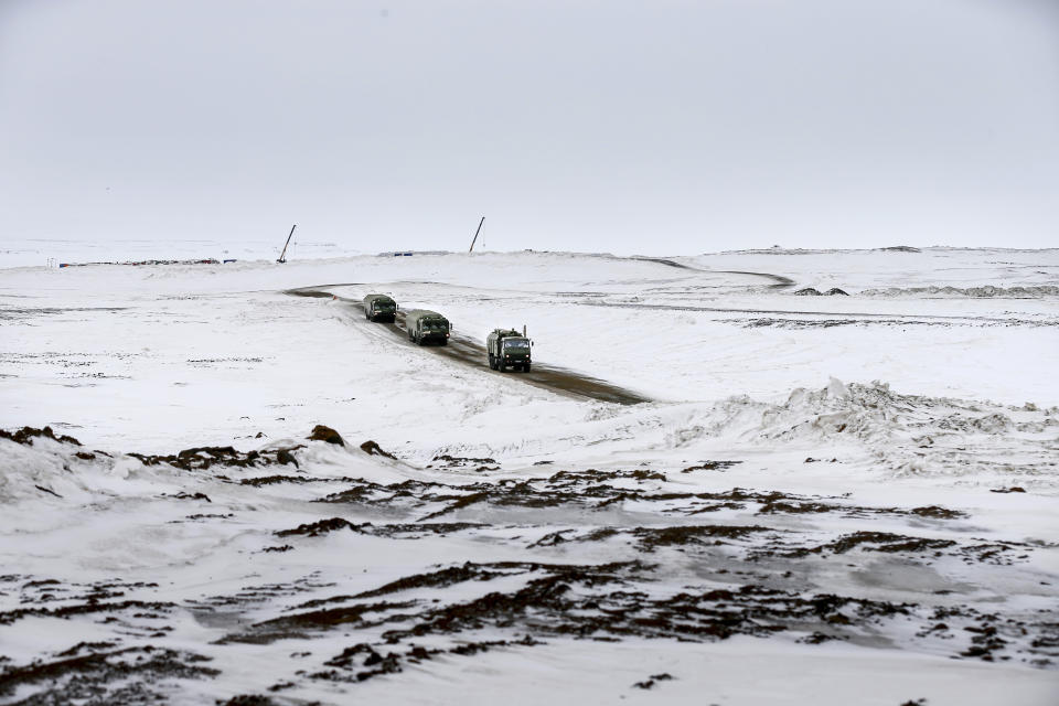 The Bastion anti-ship missile systems roll from positions on the Alexandra Land island near Nagurskoye, Russia, Monday, May 17, 2021. Once a desolate home mostly to polar bears, Russia's northernmost military outpost is bristling with missiles and radar and its extended runway can handle all types of aircraft, including nuclear-capable strategic bombers, projecting Moscow's power and influence across the Arctic amid intensifying international competition for the region's vast resources. (AP Photo/Alexander Zemlianichenko)