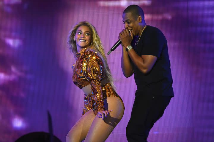 Beyoncé and Jay-Z perform onstage during closing night of "The Formation World Tour" in 2016.
