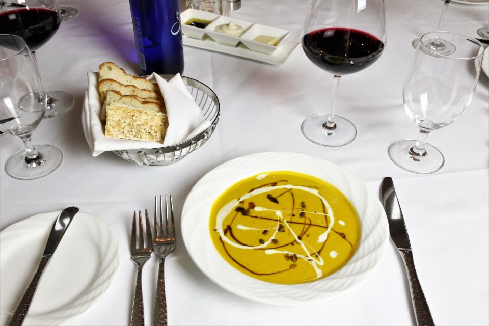 Puree of pumpkin soup is on the Thanksgiving menu at Benjamin Steakhouse in White Plains.