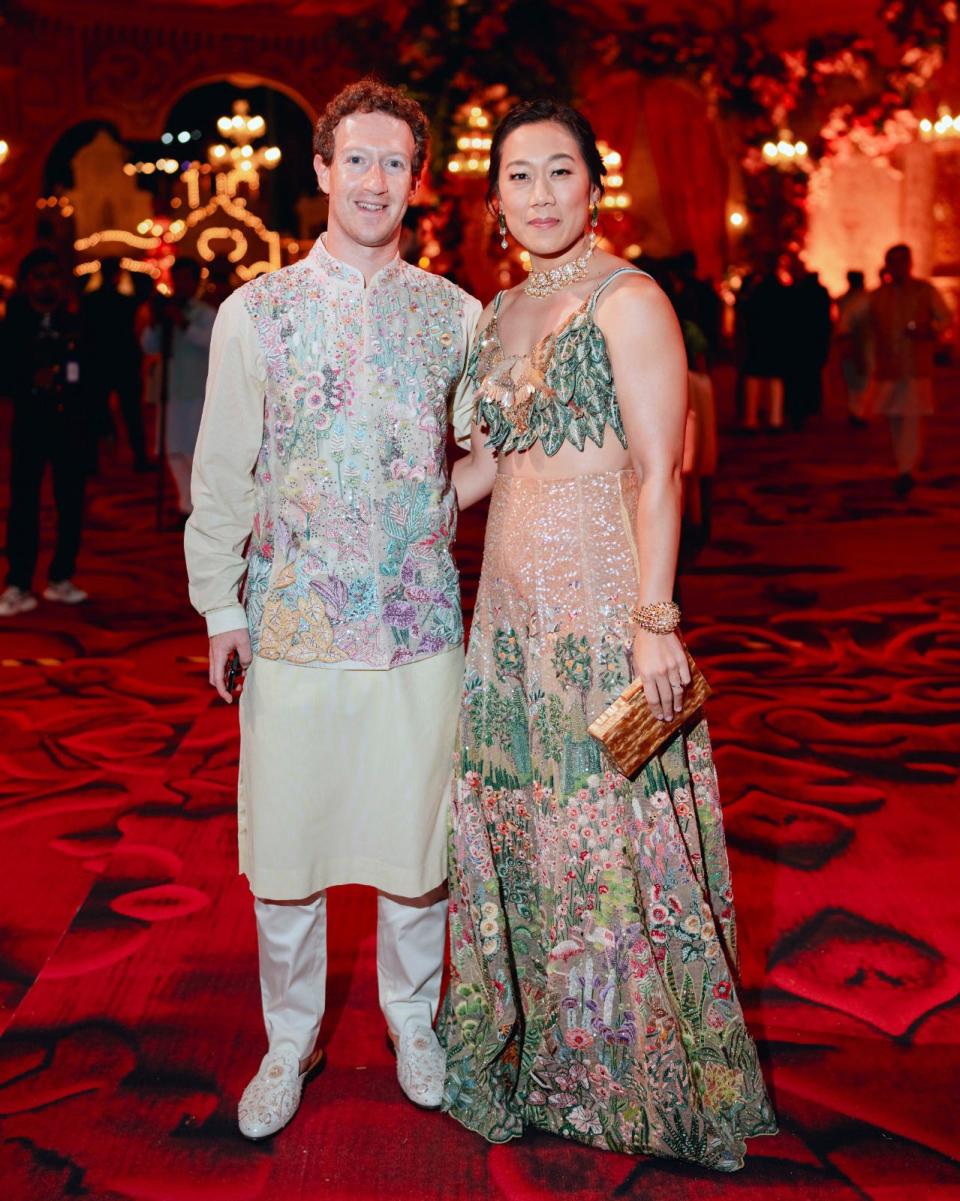 Mark Zuckerberg and his wife Priscilla Chan pose for a photograph at a pre-wedding bash of Mukesh Ambani's son Anant Ambani in Jamnagar, India, Saturday, Mar. 02, 2024.