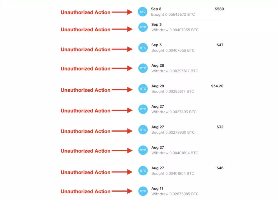 Esta captura de pantalla muestra una parte de los aproximadamente 21 000 dólares en transacciones de bitcoins no autorizadas de Cash App que, según el titular de la cuenta, Britt Soderberg, fueron realizadas por un hacker entre el 10 de agosto de 2020 y el 9 de septiembre de 2020.