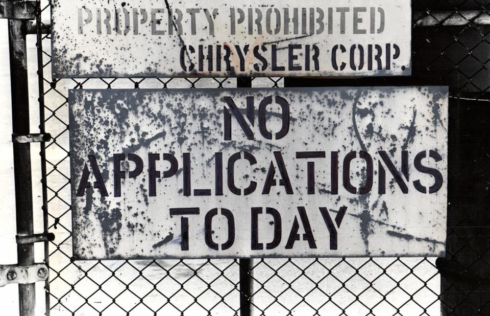 This sign was on a gate at Chrysler Corp.'s Dodge Main plant in Hamtramck on Aug. 12, 1979. The automaker announced months ago that it would close the plant in an effort to improve its financial position. It has been a hectic week for the No. 3 automaker as it tries to bail out of money problems.