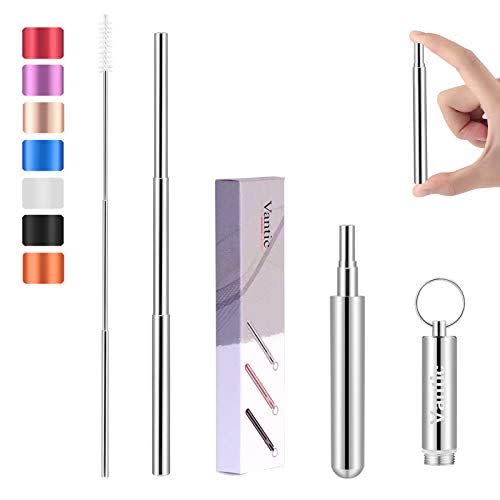 3) Vantic Reusable Metal Straws, Collapsible Stainless Steel Portable Drinking Straw with Cleaning Brush & Travel Case Silver