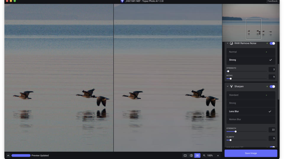 Screenshot of Topaz Photo AI sharpening editor before and after Canadian geese flying over a lake at first light