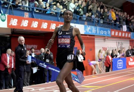 Feb 9, 2019; New York, NY, USA; Yomif Kejelcha (ETH) wins the Wanamaker Mile in 3:48.46 - 0.01 off the world record of 3:48.45 set by Hicham El Guerrouj (MAR) in 1997 - during the 112th Millrose Games at The Armory. Mandatory Credit: Kirby Lee-USA TODAY Sports