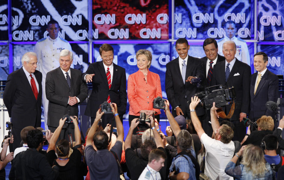 From left: Mike Gravel, Christopher Dodd, John Edwards, Hillary Rodham Clinton, Barack Obama, Bill Richardson; Joseph Biden, and Dennis Kucinich