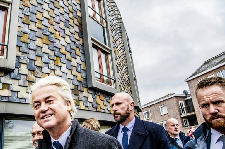 Geert Wilders (L) of the Dutch Party for Freedom (PVV) campaigns on March 17, 2018 in Dordrecht