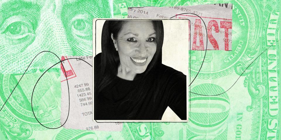 Photo of a woman in front of ripped pieces of student bills, against a green background made up of collaged close-ups of a 100 dollar bill