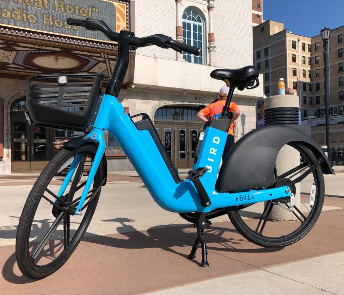 One of the 25 electric-assist bikes that transportation company Bird set out in South Bend awaits a rider at the Jon Hunt Plaza in downtown.