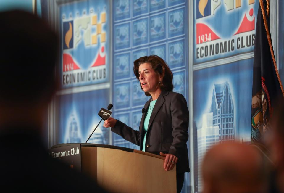 U.S. Commerce Secretary Gina Raimondo speaks at the Detroit Economic Club on Monday, Nov. 29, 2021.