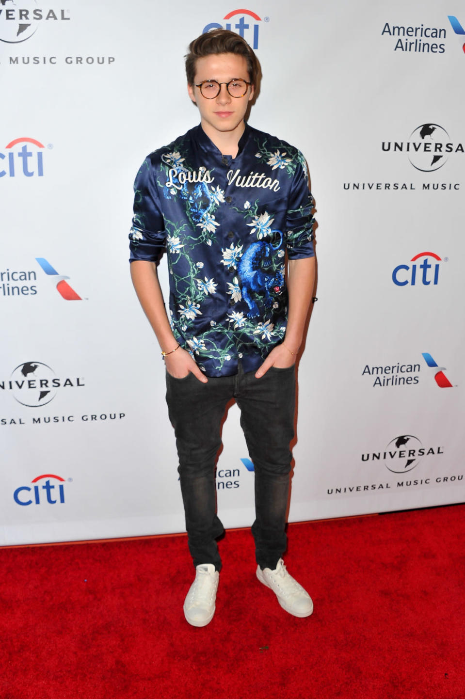 Brooklyn Beckham attends Universal Music Group’s 2016 Grammy afterparty at The Theatre at Ace Hotel. (Allen Berezovsky/WireImage)