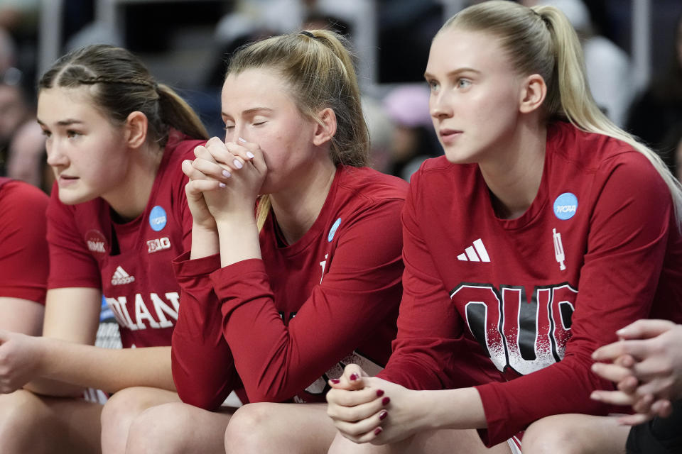 Indiana players react on the bench during the second half of a Sweet Sixteen round college basketball game against the South Carolina during the NCAA Tournament, Friday, March 29, 2024, in Albany, N.Y. (AP Photo/Mary Altaffer)