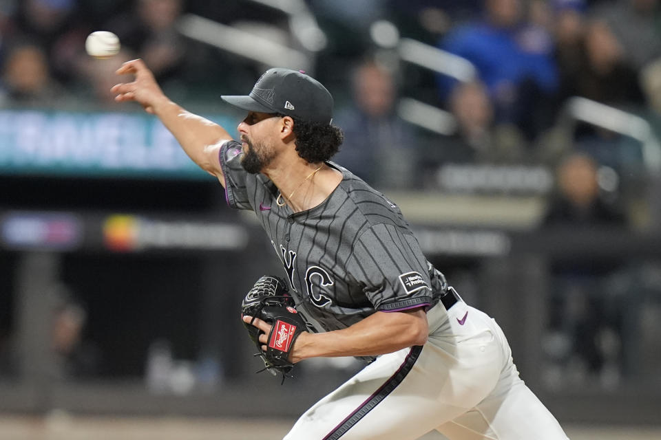 New York Mets' Jorge López pitches during the seventh inning of a baseball game against the Chicago Cubs, Wednesday, May 1, 2024, in New York. (AP Photo/Frank Franklin II)