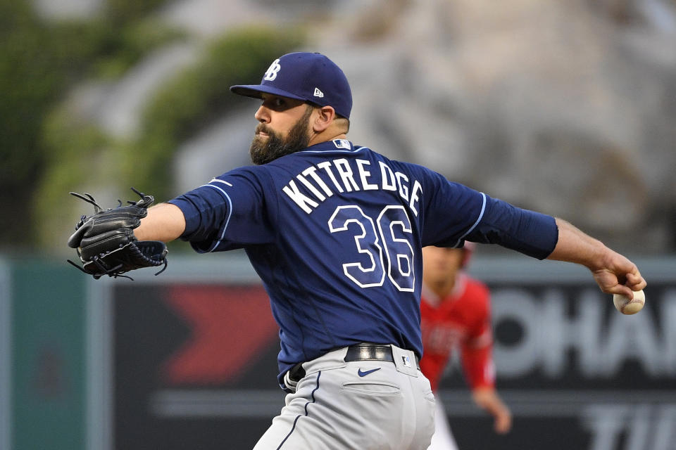 Tampa Bay Rays starting pitcher Andrew Kittredge throws to the plate during the second inning of a baseball game against the Los Angeles Angels on Wednesday, May 5, 2021, in Anaheim, Calif. (AP Photo/Mark J. Terrill)