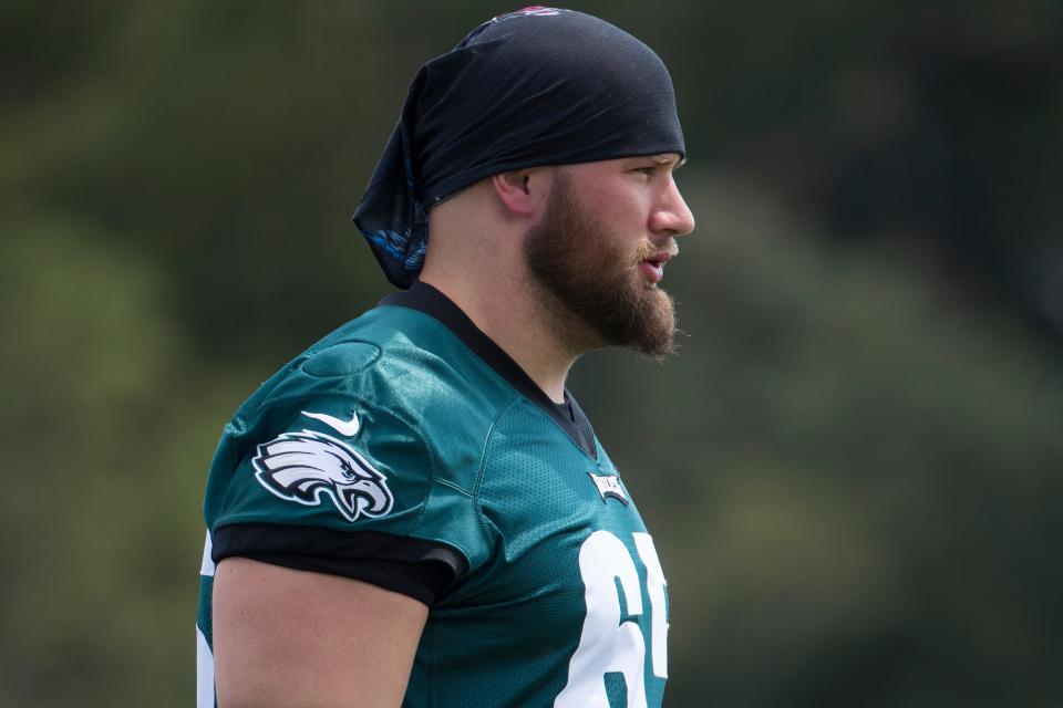 Eagles' Lane Johnson (65) takes to the practice field during training camp Thursday at the NovaCare Complex. 