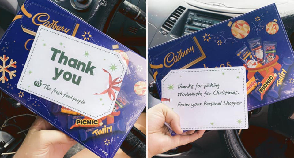 A Woolworths customer showing the free Christmas chocolates she was gifted for shopping with the supermarket