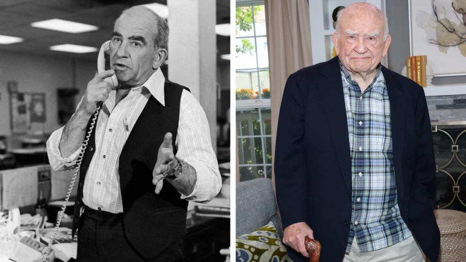 Mary Tyler Moore Cast: Edward Asner  smiles in side by side pics  