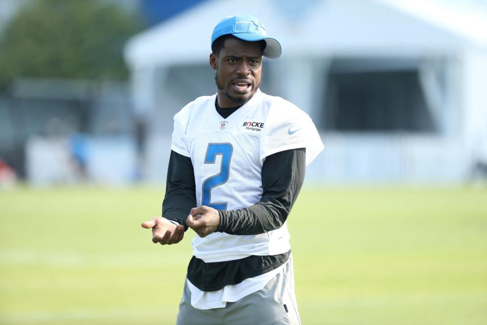 Detroit Lions C.J. Gardiner-Johnson  (85) works out on the sidelines during training camp Tuesday, July 25, 2023. 