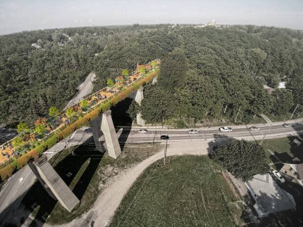 A rendering of what the trail over Half Mile Bridge could look like. Williams imagines a trail that connects Thorncliffe Park to other Don Valley attractions, and includes Instagram-worthy city views.  