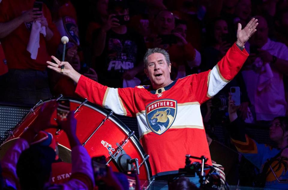 Former Miami Dolphins quarterback Dan Marino hits the drums before the Florida Panthers play against the Vegas Golden Knights in Game 3 of the NHL Stanley Cup Final at the FLA Live Arena on Thursday, June 8, 2023, in Sunrise, Fla.