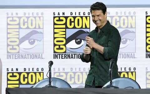 Tom Cruise speaks at the "Top Gun: Maverick" panel during 2019 Comic-Con International in San Diego - Credit: Getty