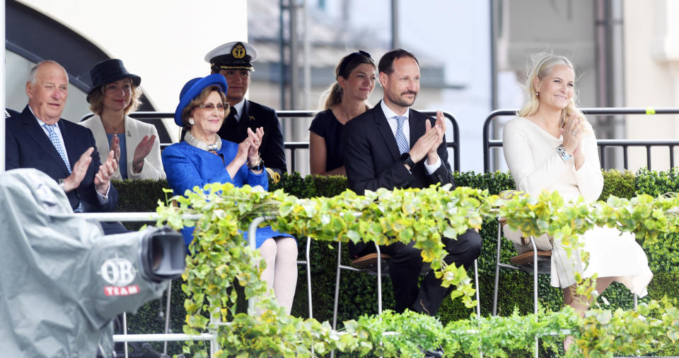 OSLO, NORWAY- JUNE 11: King Harald, Queen Sonja, Crown Prince Haakon and Crown Princess Mette-Marit attend the opening of the National Museum on June 11, 2022 in Oslo, Norway. (Photo by Rune Hellestad/Getty Images)