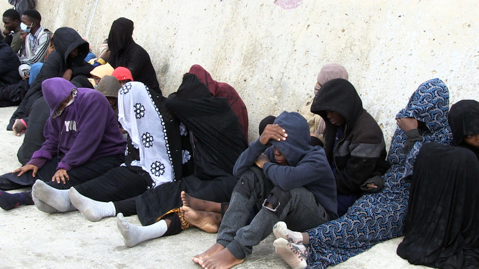 Migrants wait to be returned by Libyan Coast Guard off the coast of Garabulli, Libya, on Oct. 19, 2021. (Anadolu Agency via Getty Images file)