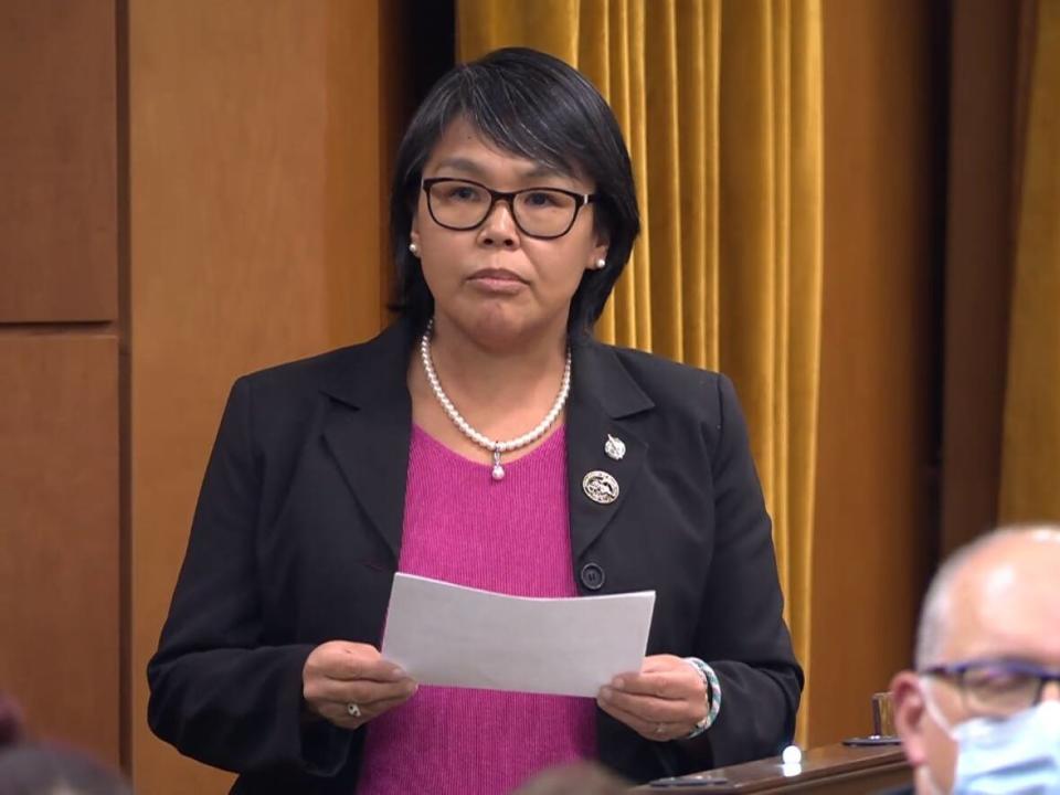 Nunavut's NDP MP Lori Idlout speaking in the House of Commons earlier this year. Last week, Idlout tabled a private member's bill to add Indigenous languages, including Inuktitut, to federal election ballots.  (ParlVU/CBC - image credit)