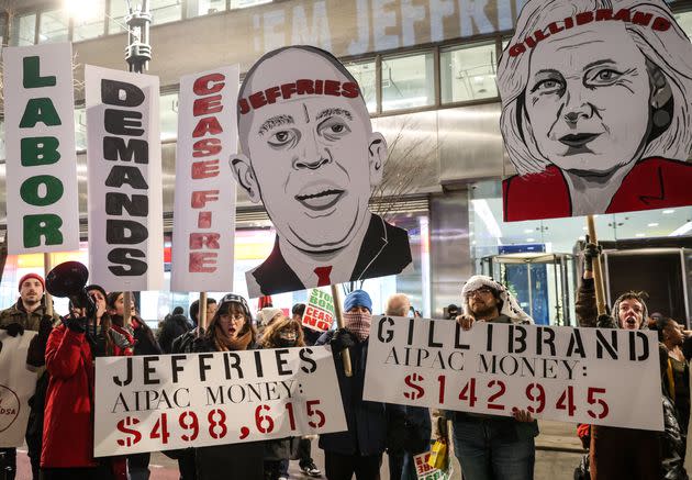 Demonstrators protesting Israeli attacks on Palestinians march on Dec. 21 to AIPAC headquarters in New York City and call out elected officials, including Sen. Kirsten Gillibrand (D-N.Y.) and House Minority Leader Hakeem Jeffries (D-N.Y.), who have taken its donations.