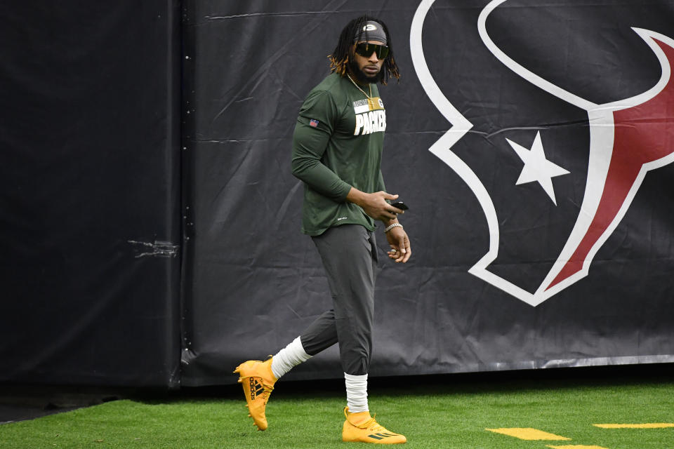 HOUSTON, TEXAS - OCTOBER 25:  Aaron Jones #33 of the Green Bay Packers looks on prior to the game against the Houston Texans at NRG Stadium on October 25, 2020 in Houston, Texas. (Photo by Logan Riely/Getty Images)
