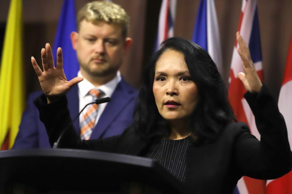 NDP Housing Critic Jenny Kwan and NDP Finance Critic Daniel Blaikie call for a national affordable housing program during a press conference on Parliament Hill in Ottawa, Thursday, Sept. 21, 2023.