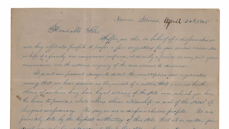 After the martyrdom of Jospeh Smith on June 27, 1844, Brigham Young and other leaders of The Church of Jesus Christ of Latter-day Saints requested asylum for Latter-day Saints from New Hampshire governor John H. Steele. That letter went up for auction on RR Auction on Friday until April 12.