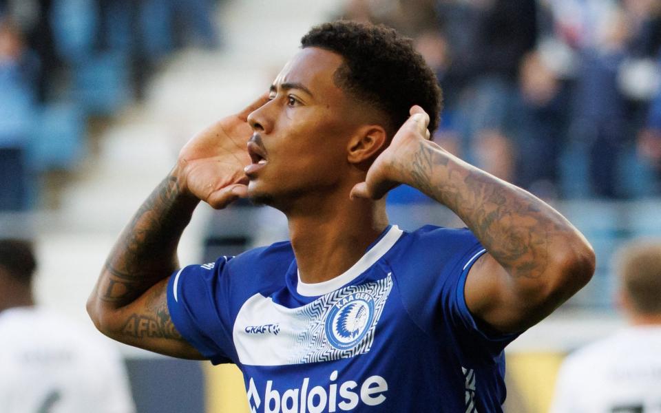 Noah Fadiga celebrates after scoring against Oud-Heverlee Leuven in Gent's most recent match